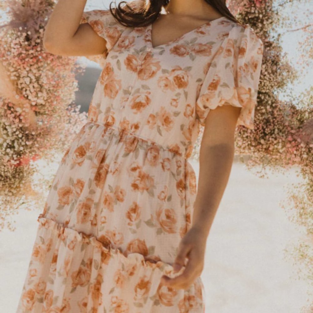 Bohemian Dusty Orange Floral Midi Dress Sz S by Blu Pepper - Picture 6 of 15